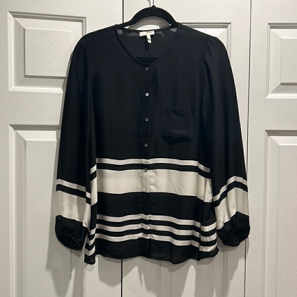 Joie Black/White Silk Button Down Blouse, Size Medium
